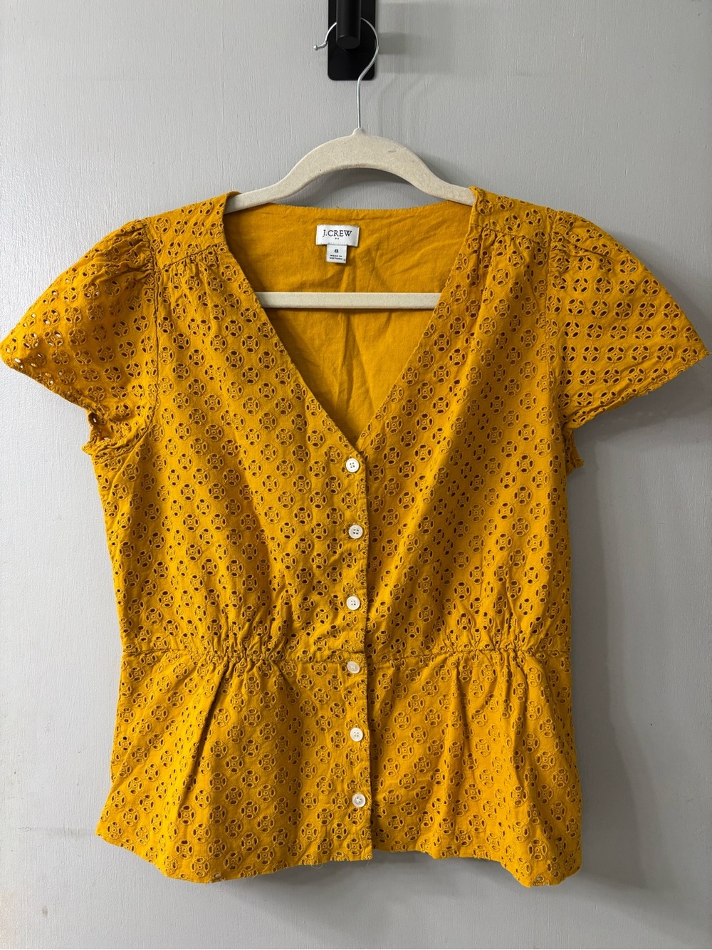 J.CREW Women's 8 Yellow Eyelet Lined V-Neck Button Front Short
Sleeve Blouse
